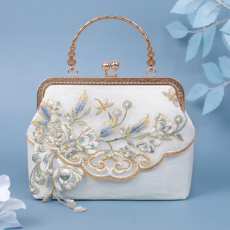 Jasmine Flowers Embroidery Pearl Chain Crossbody Bag Handbags