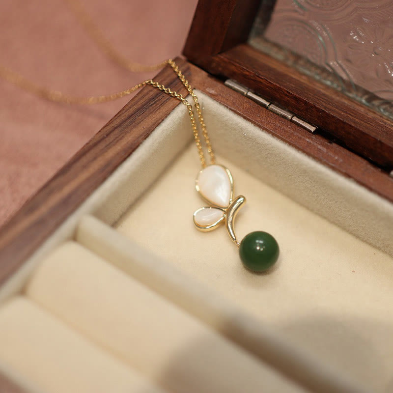 Natural Butterfly Tridacna Stone Cyan Jade Copper Plated Gold Calm Necklace Pendant Ring Earrings Set