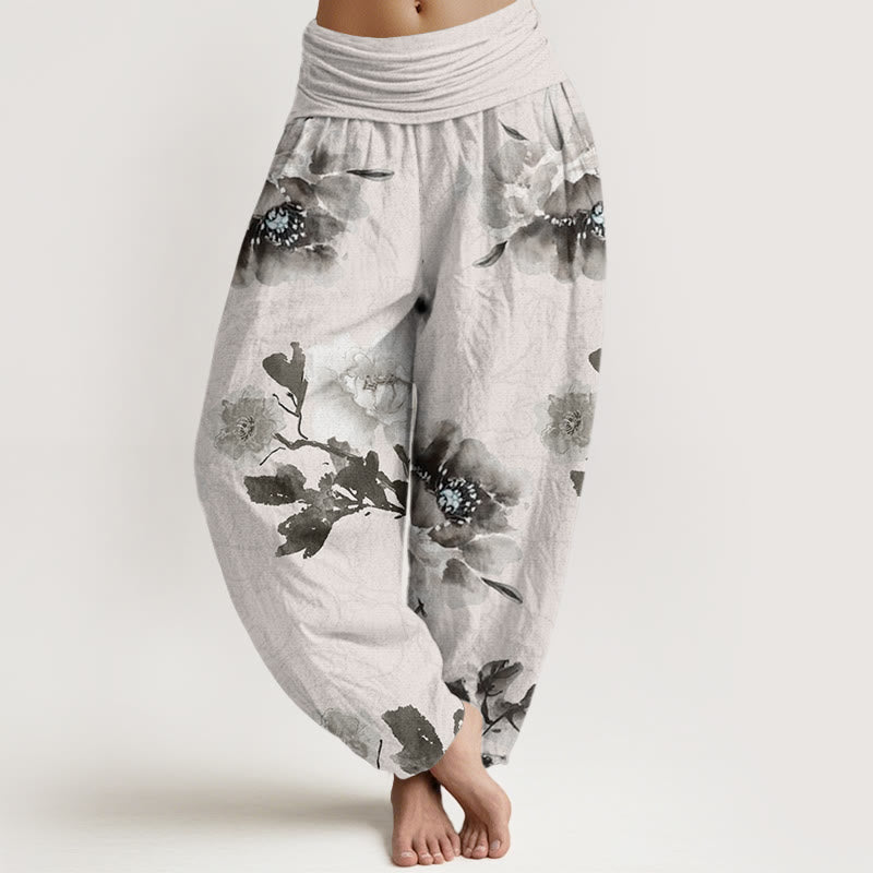 Folwers With Leaves Pattern Women's Elastic Waist Harem Pants
