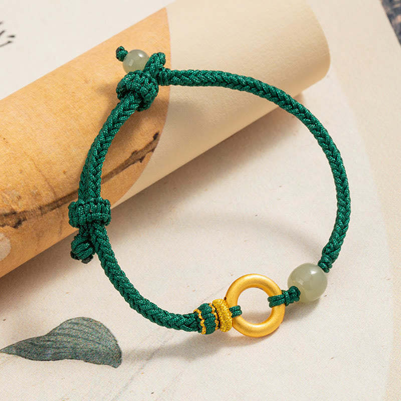 999 Sterling Silver Peace Buckle Hetian Jade Bead Luck Green Rope Braided Bracelet
