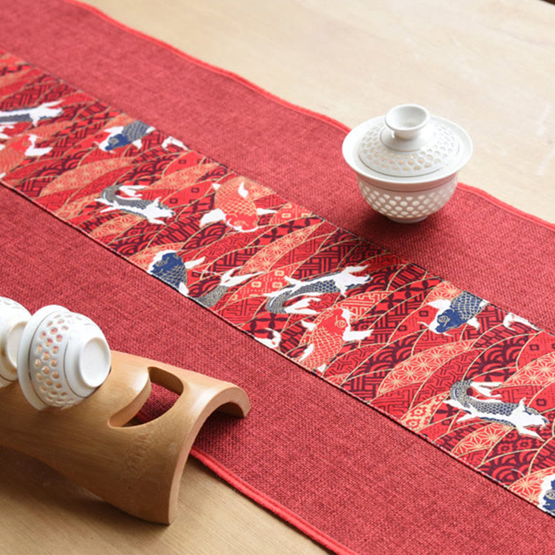 Classic Chinese Style Lotus Koi Fish Flower Crane Calligraphy Enlightenment Cotton Linen Tassels Table Runner
