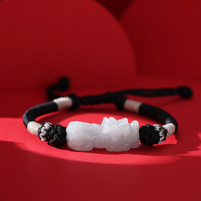 Handmade Natural Jade PiXiu Luck Prosperity Braided String Bracelet