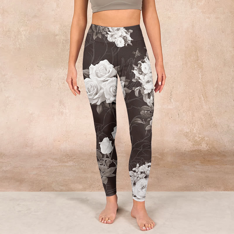 Gray White Rose Print Gym Fitness Leggings Women's Yoga Pants