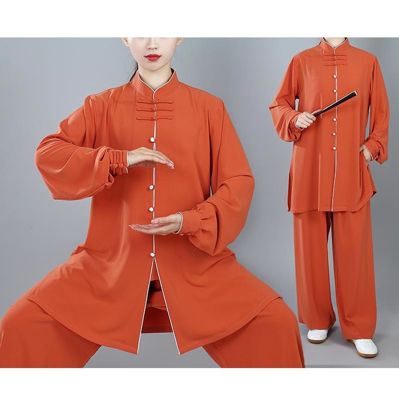 2Pcs Fall Solid Color Frog-Button Tai Chi Meditation Qigong Zen Practice Unisex Cotton Clothing Set