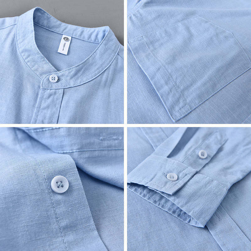 Men's Long Sleeve Stand Collar With Pocket Pure Color Casual Cotton Linen Shirt