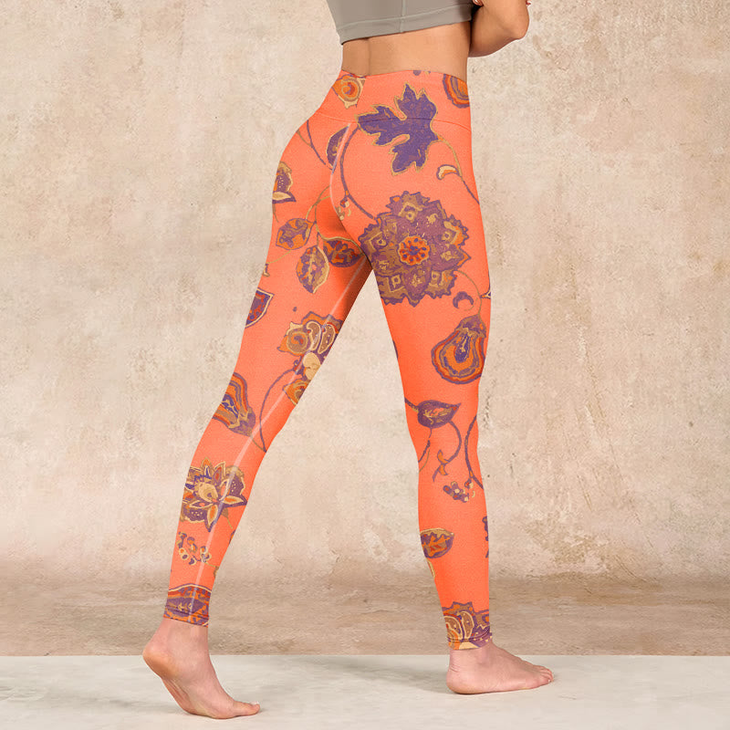 Orange Maple Leaves Flowers Print Gym Leggings Women's Yoga Pants