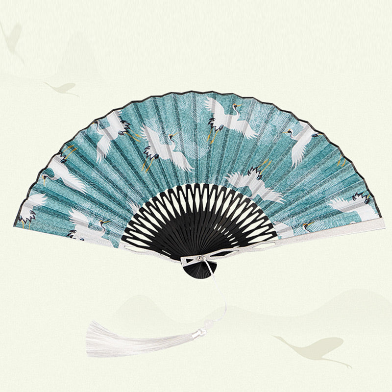 Vintage Blue White Crane Pattern Handheld Silk Bamboo Folding Fan