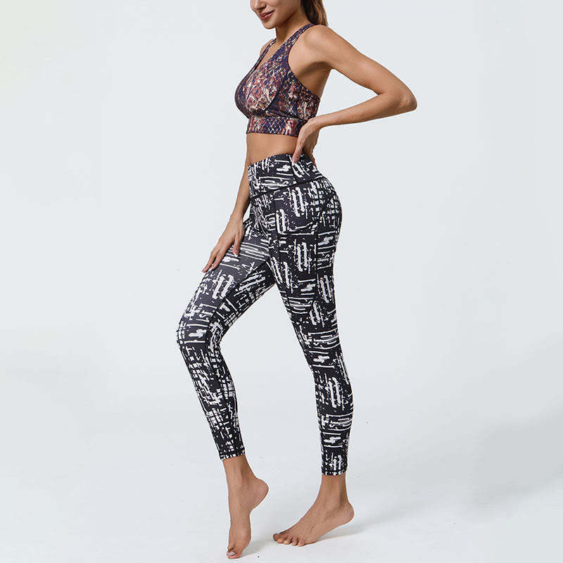 Rose Lines Tiger Leopard Print Sports Fitness High Waist Leggings Women's Yoga Pants With Pockets
