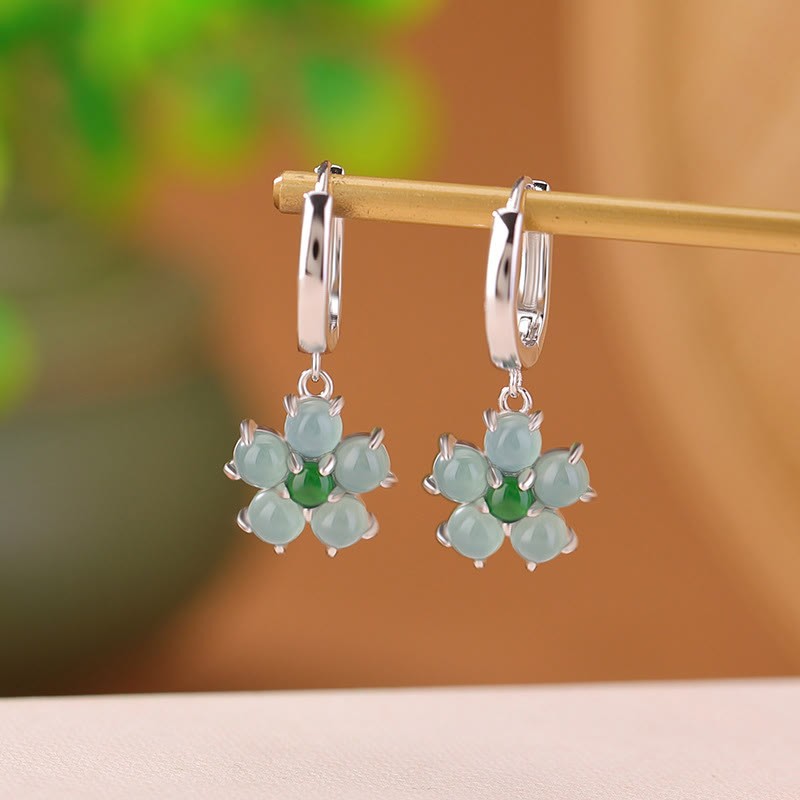 925 Sterling Silver Plated Gold Green Jade Flower Design Luck Prosperity Earrings
