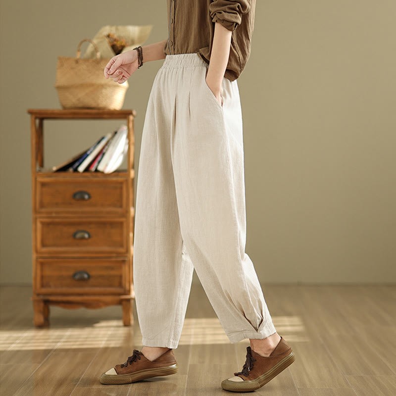 Casual Solid Color Tapered Elastic Waistband Cotton Linen Women's Pants With Pockets