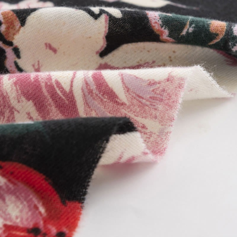 Tibetan Blooming Rose Peony Flower Print Shawl Fall Winter Cozy Warm Scarf Wrap