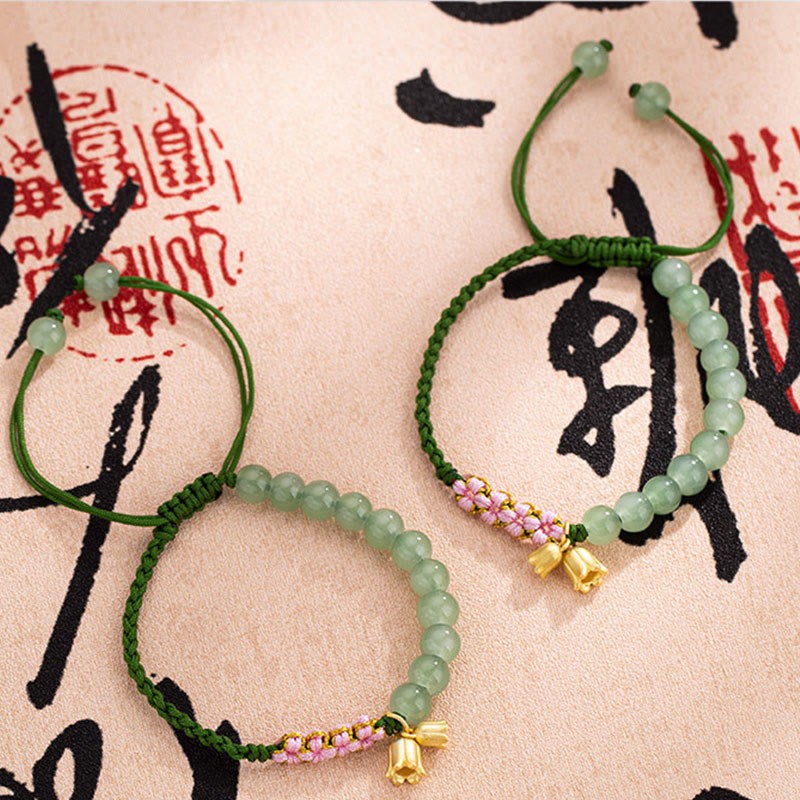 Handmade Jade Bead Lily of the Valley Charm Luck Braided Bracelet