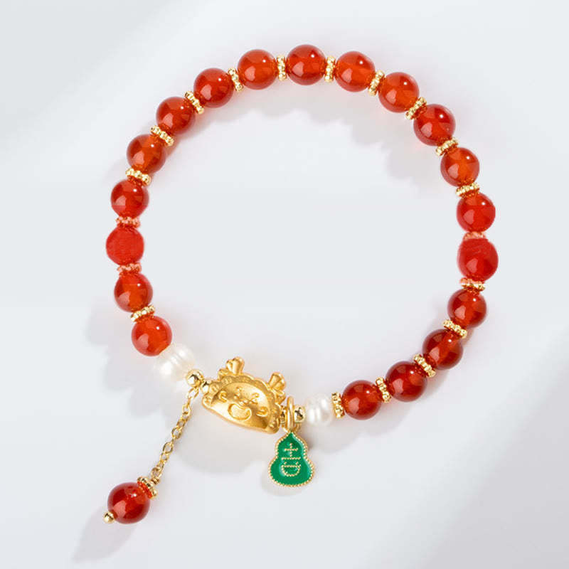 Year Of The Dragon Natural Red Agate Pink Crystal Black Onyx Dumpling Luck Fu Character Bracelet