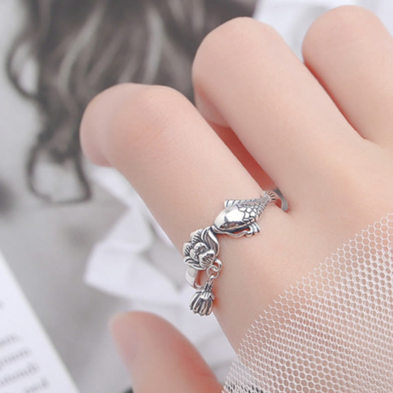 925 Sterling Silver Koi Fish Lotus Flower Success Ring