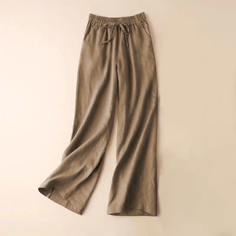 Casual Cotton Linen High Waist Lace-up Wide Leg Pants With Pockets