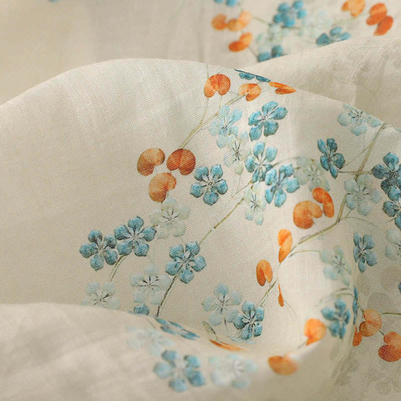 Blue Flowers Orange Leaves Frog-Button Three Quarter Sleeve Cotton Linen Shirt
