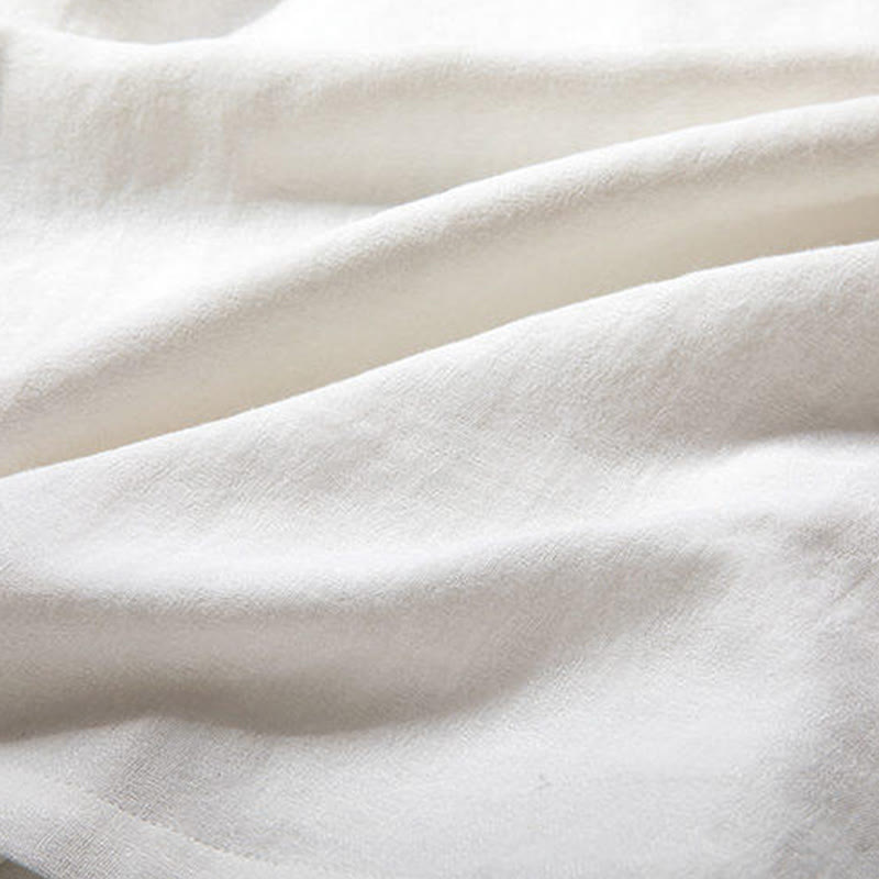 White Frog-button Linen Three Quarter Sleeve Men's Shirt