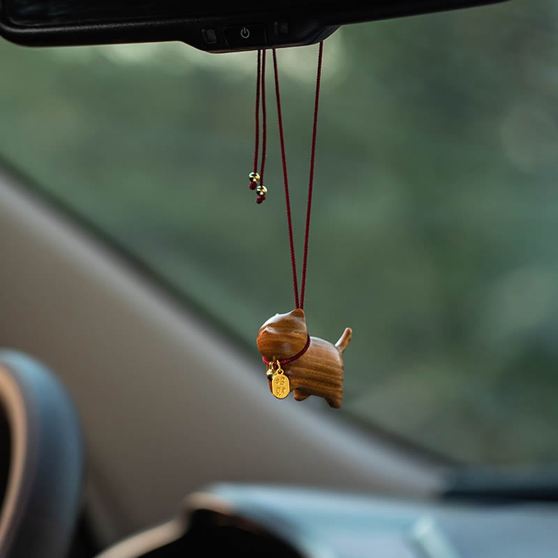 Ebony Wood Green Sandalwood Lucky Cat Fu Character Lucky Fortune Bell Balance Car Hanging Decoration