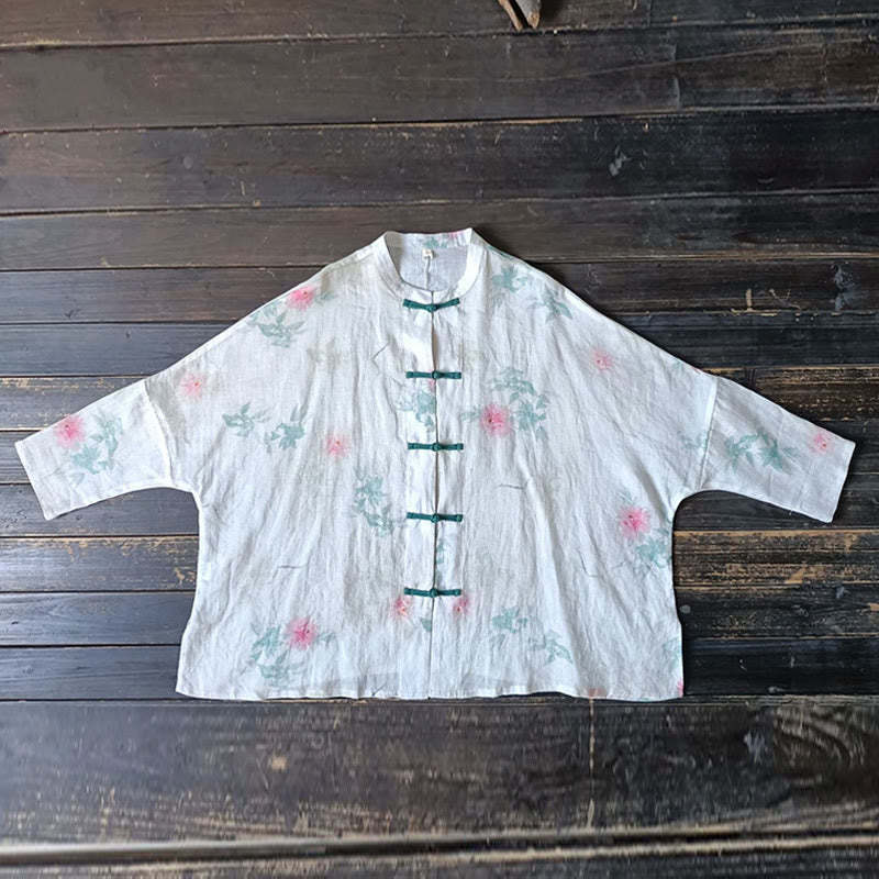 White Red Flowers Green Leaves Frog-Button Long Sleeve Ramie Linen Jacket Shirt