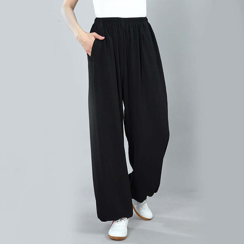 Summer Unisex Elastic Waist Tai Chi Kung Fu Qigong Practice Cotton Breathable Pants With Pockets