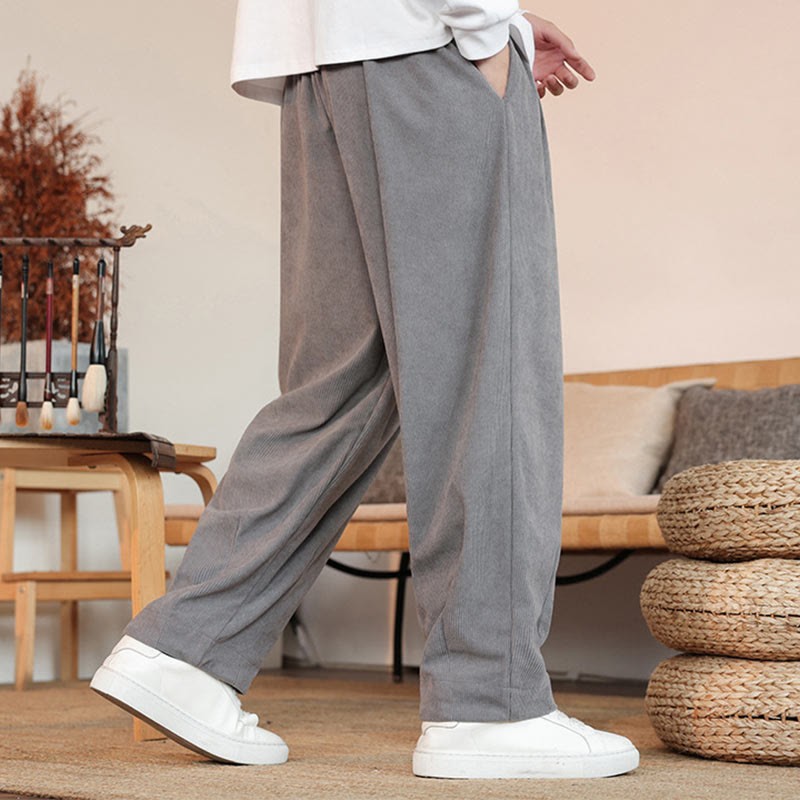 Fall Winter Men's Drawstring Corduroy Solid Pants With Pockets
