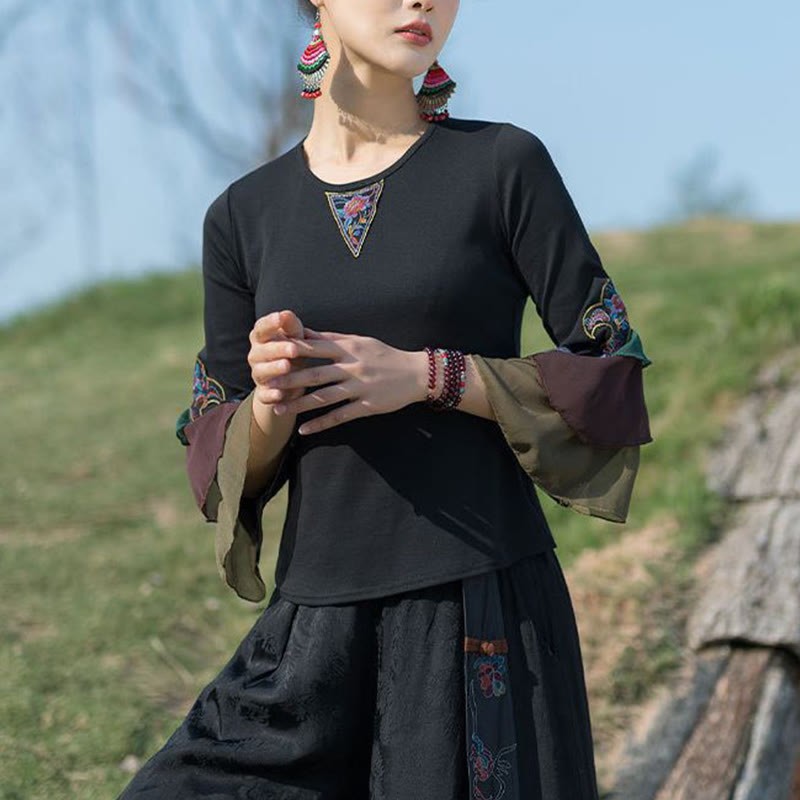 Embroidery Flower T-shirt Three Quarter Bell Flare Sleeves Cotton Top Tee