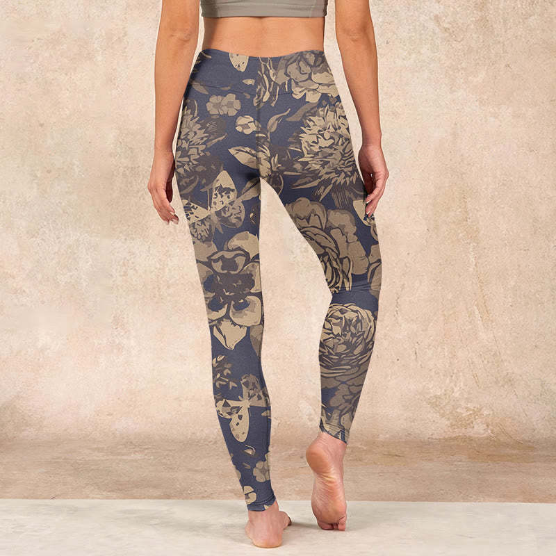 Peony Flowers Leaves Blossom Print Gym Fitness Leggings Women's Yoga Pants