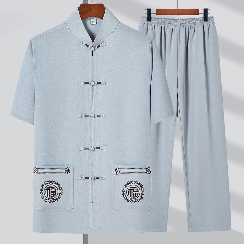 Fu Character Embroidery Tang Suit Traditional Frog-Button Short Sleeve Top Pants Clothing Men's Set