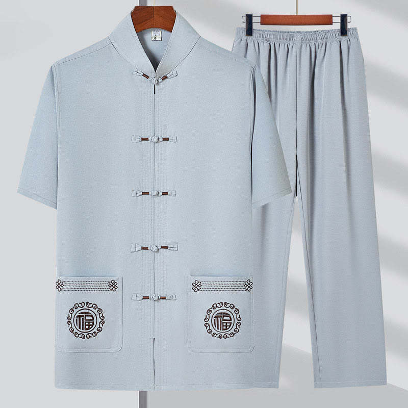 Fu Character Embroidery Tang Suit Traditional Frog-Button Short Sleeve Top Pants Clothing Men's Set