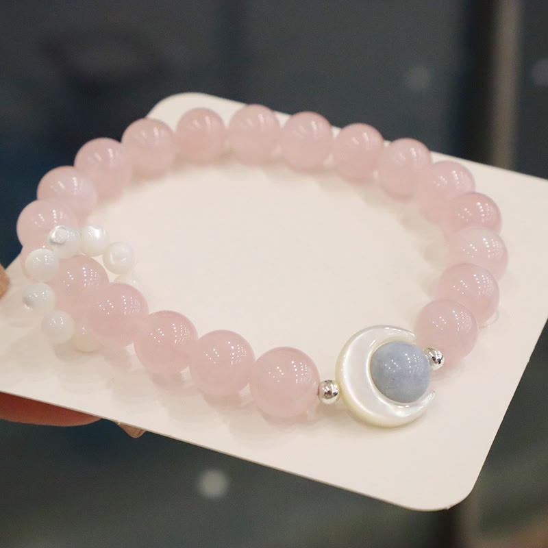 925 Sterling Silver Natural Amethyst Aquamarine Pink Crystal Cat's Eye Healing Crescent Moon Bracelet