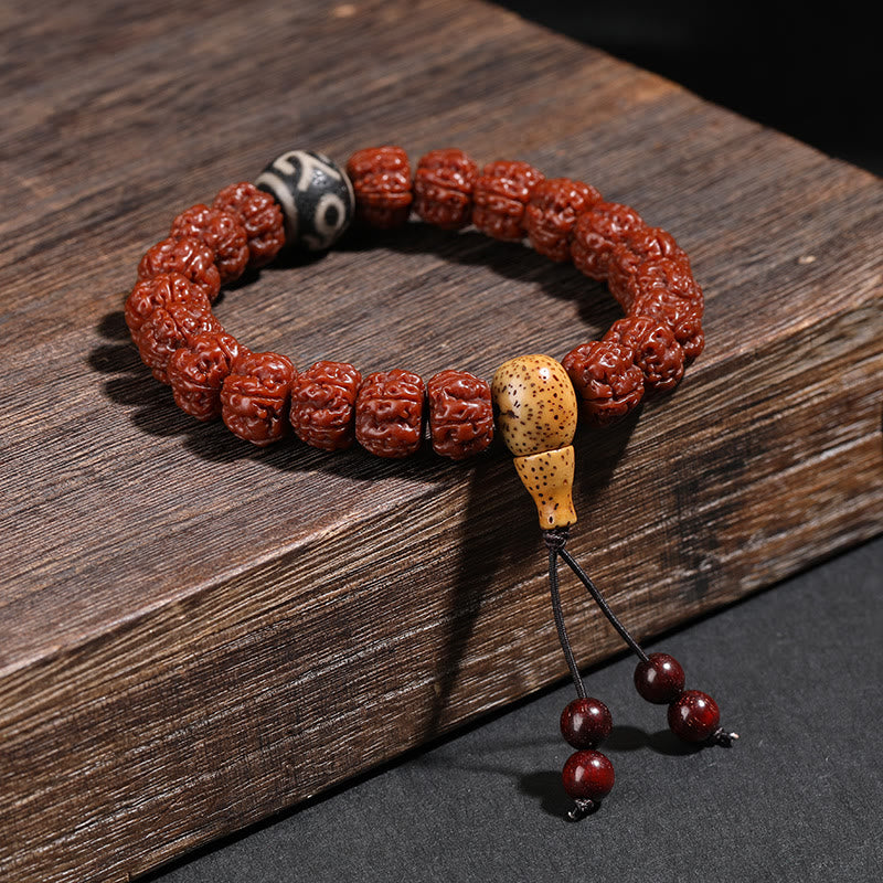 Tibet Rudraksha Bodhi Seed Dzi Bead Lucky Cat Dancing Lion Wealth Bracelet Wrist Mala