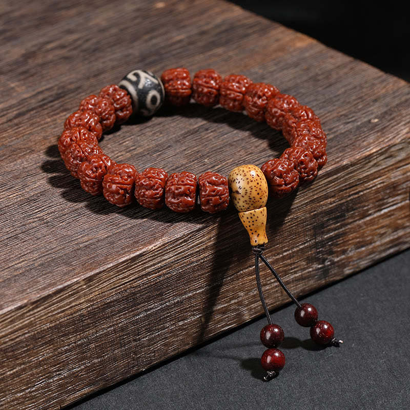 Tibet Rudraksha Bodhi Seed Dzi Bead Lucky Cat Dancing Lion Wealth Bracelet Wrist Mala
