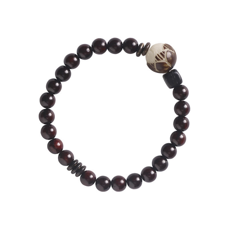 Small Leaf Red Sandalwood Lotus Bodhi Seed Carved Protection Double Wrap Bracelet