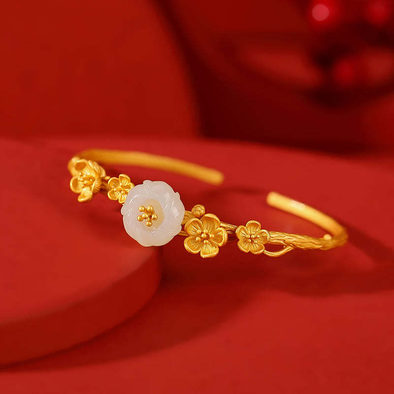 925 Sterling Silver Plated Gold Hetian Jade  Plum Blossom Luck Necklace Pendant Bracelet Bangle Ring