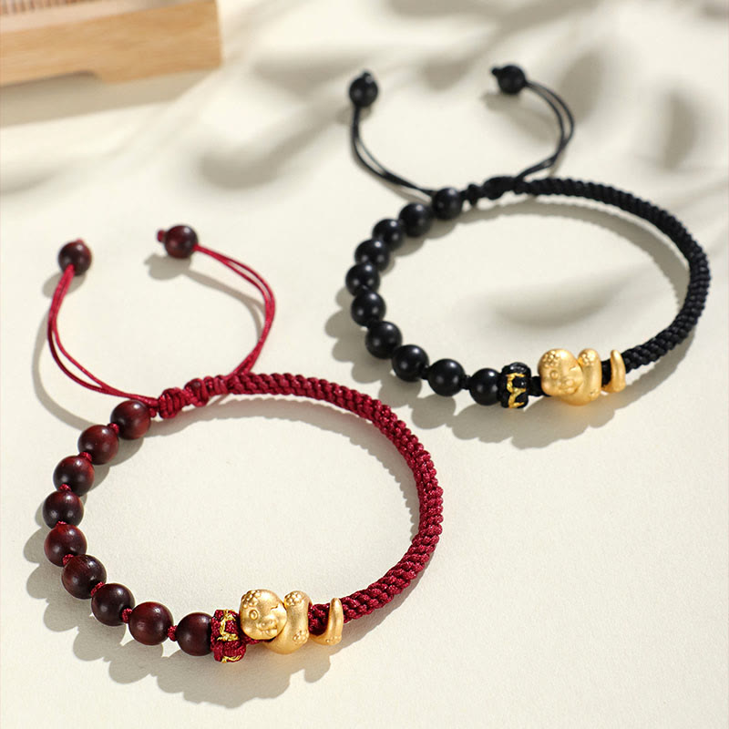 Small Leaf Red Sandalwood Ebony Wood Beads 999 Year Of The Snake Cotton Rope Protection Braided Bracelet