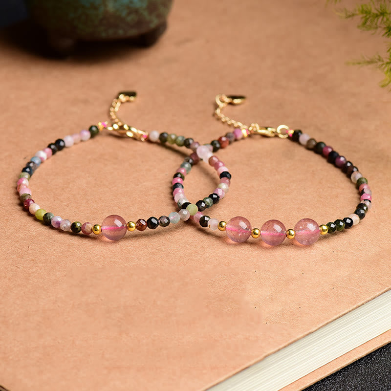 Natural Colorful Tourmaline Strawberry Quartz Bead Positive Love Bracelet