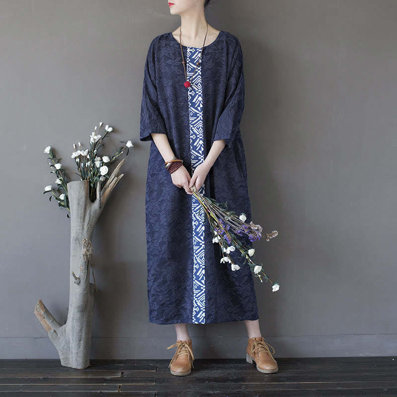 Blue Flowers Embroidery Jacquard Midi Dress Three Quarter Sleeve Cotton Dress With Pockets