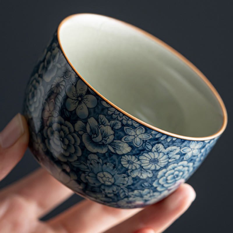 Blue Lotus Peach Blossom Chrysanthemum Design Ceramic Teacup Kung Fu Tea Cups