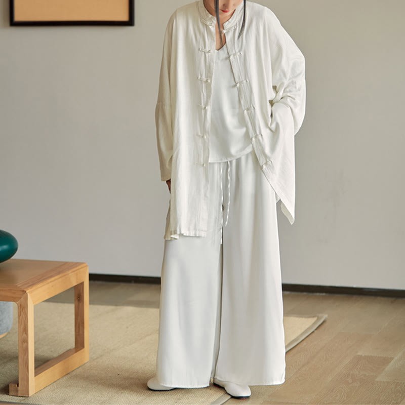 Plain Frog-Button Design Shirt Zen Tai Chi Meditation Top Clothing Cotton Linen Jacket