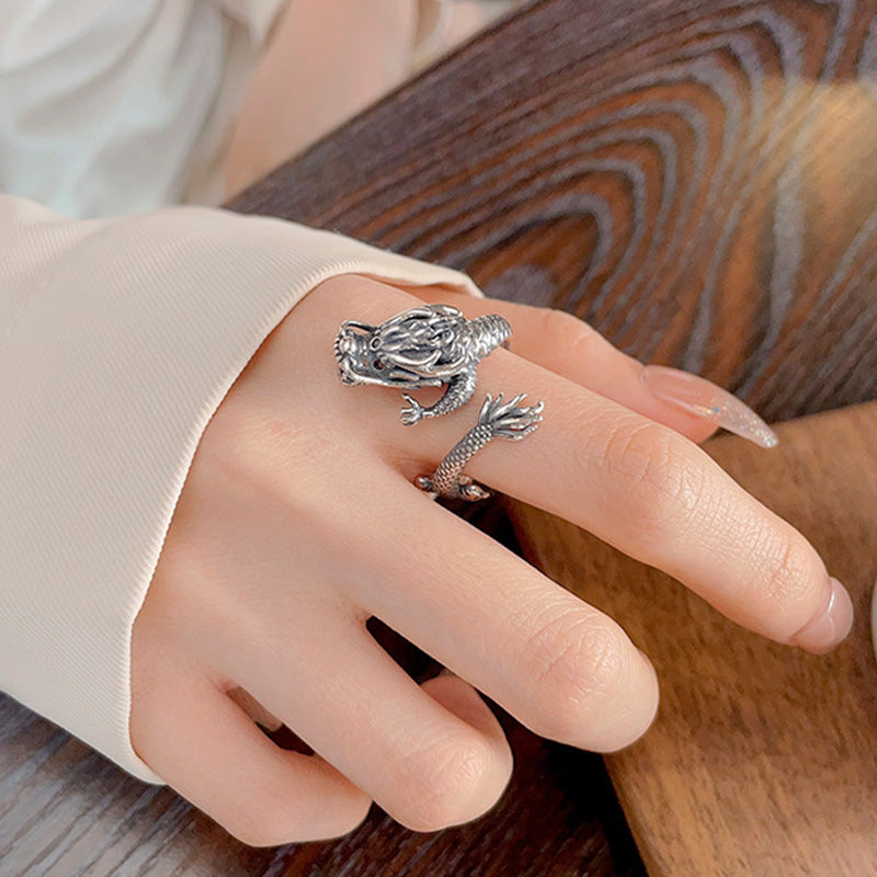 Vintage 925 Sterling Silver Year Of The Dragon Design Luck Metal Ring
