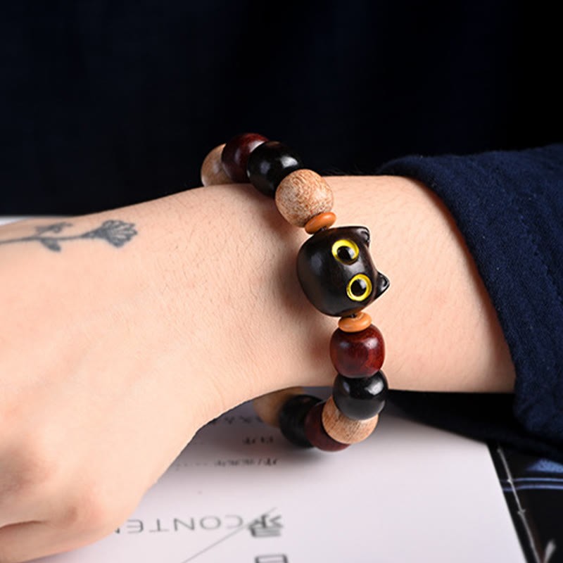 Small Leaf Red Sandalwood Ebony Wood Cute Cat Engraved Protection Bracelet