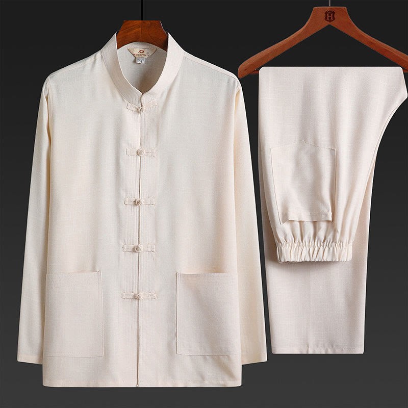 2Pcs Tang Suit Plain Color Frog-Button Men's Long Sleeve Shirt Pants Set