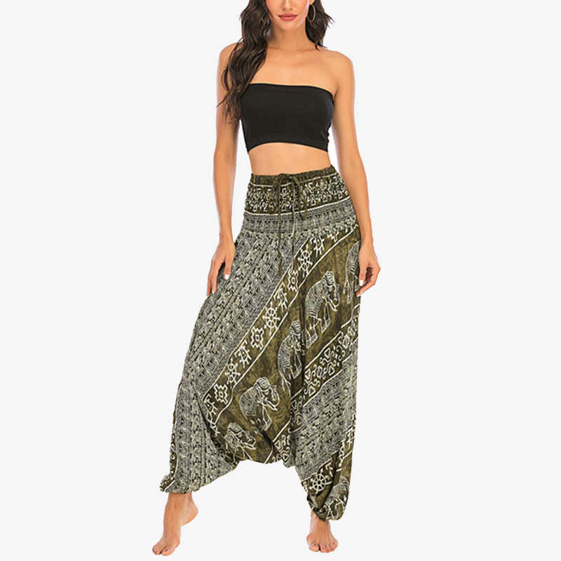 Two Style Wear Elephant Pattern Loose Smocked Harem Trousers Jumpsuit Women's Yoga Pants