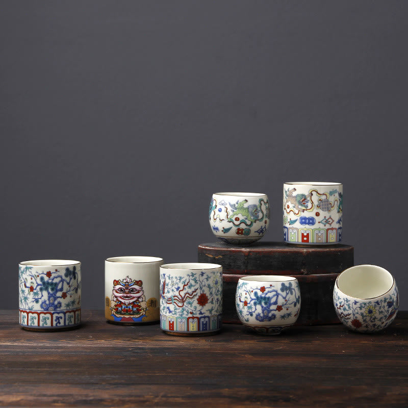 Vintage Plum Blossom Pine Bamboo Phoenix Kirin Lion Dancing Ceramic Teacup Tea Cups