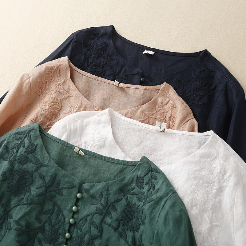 Casual Embroidery Flower Round Neck Long Sleeve Cotton Linen Top Women's Shirts