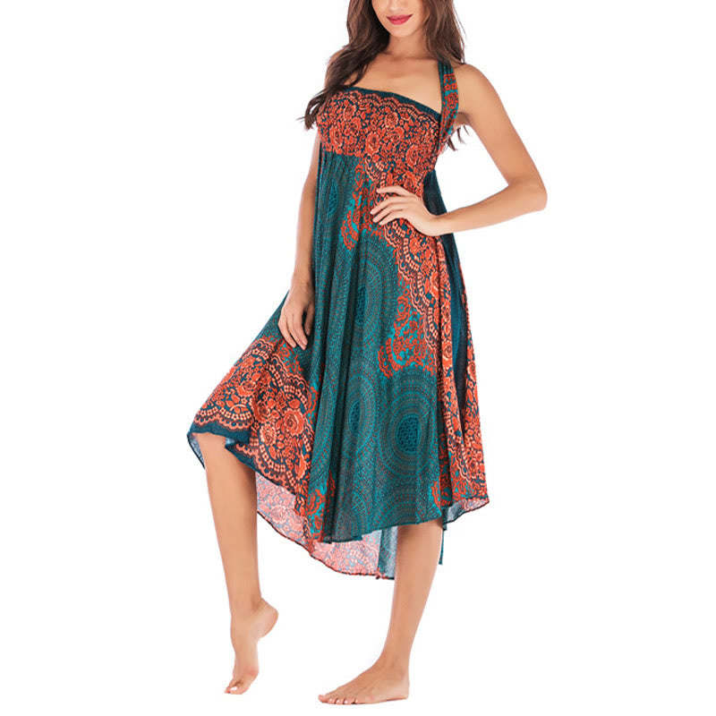 Two Style Wear Bohemian Compass Rose Flower Lace-up Skirt Dress
