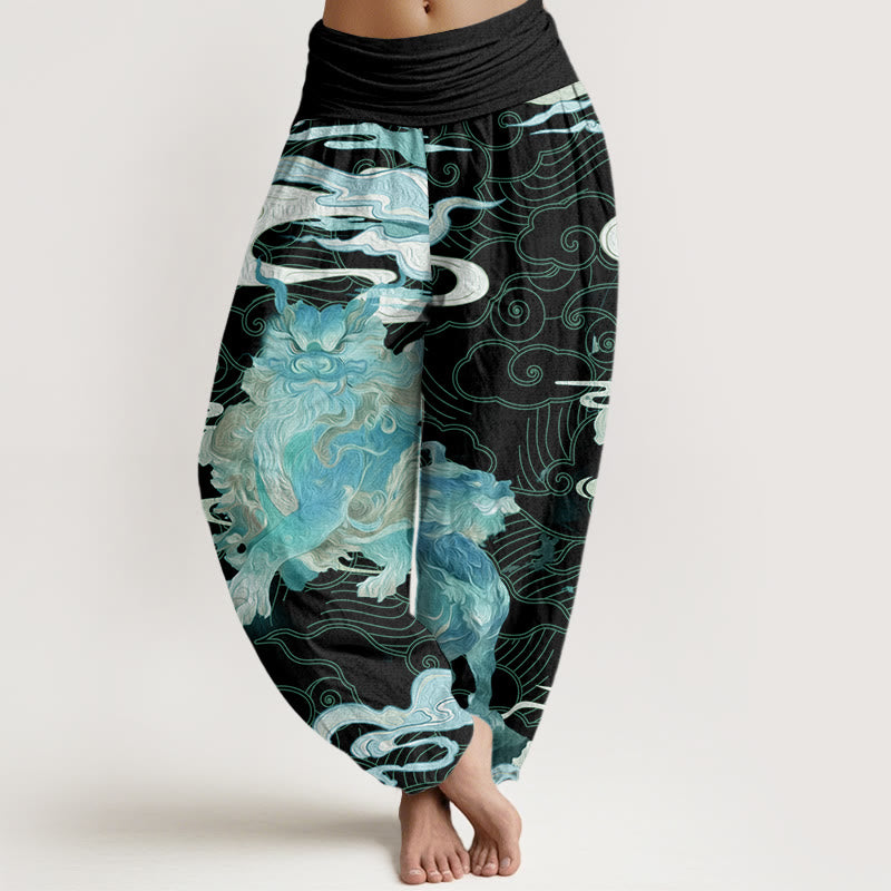 PiXiu Auspicious Clouds Pattern Women's Elastic Waist Harem Pants