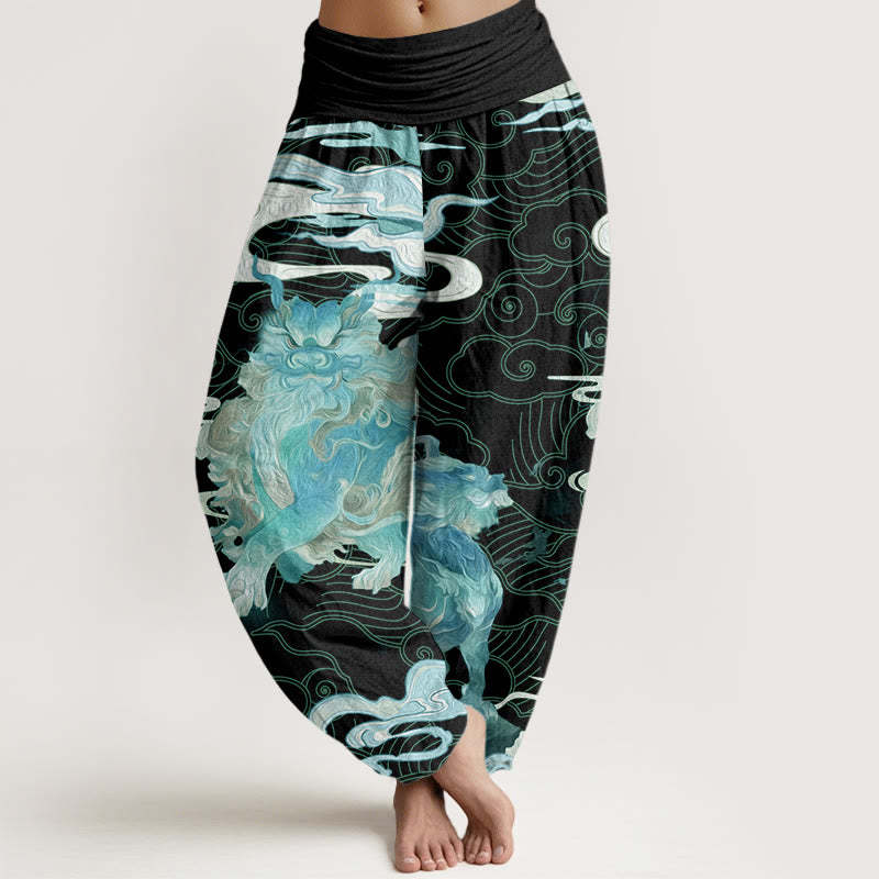 PiXiu Auspicious Clouds Pattern Women's Elastic Waist Harem Pants