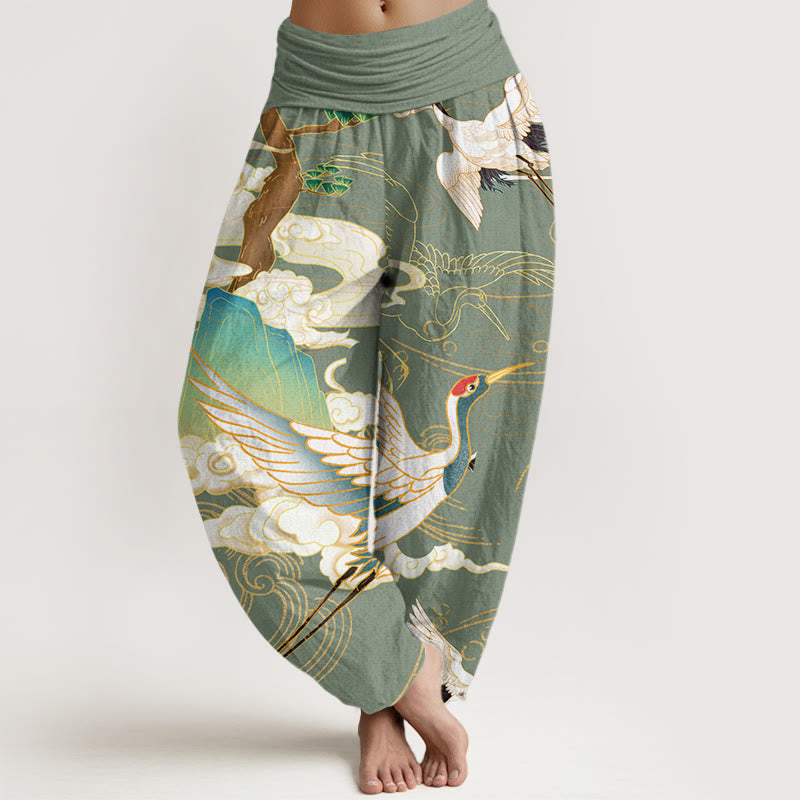 Flying Cranes Auspicious Clouds Tree?women's Elastic Waist Harem Pants