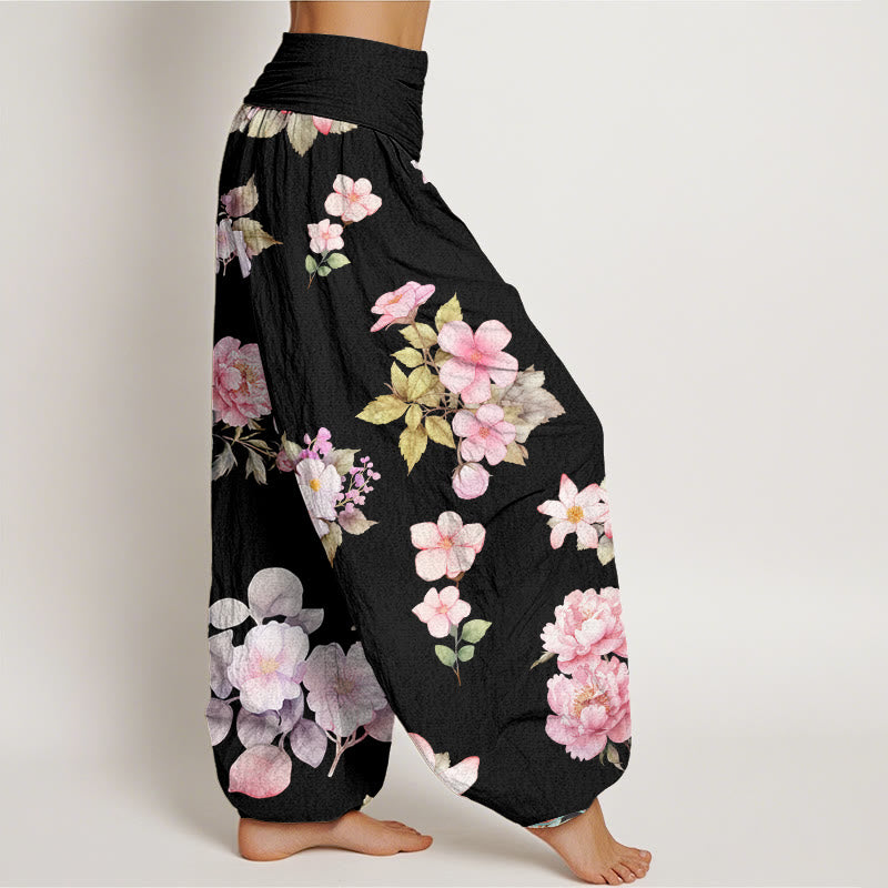 Peony White Flowers Pattern Design Women's Elastic Waist Harem Pants